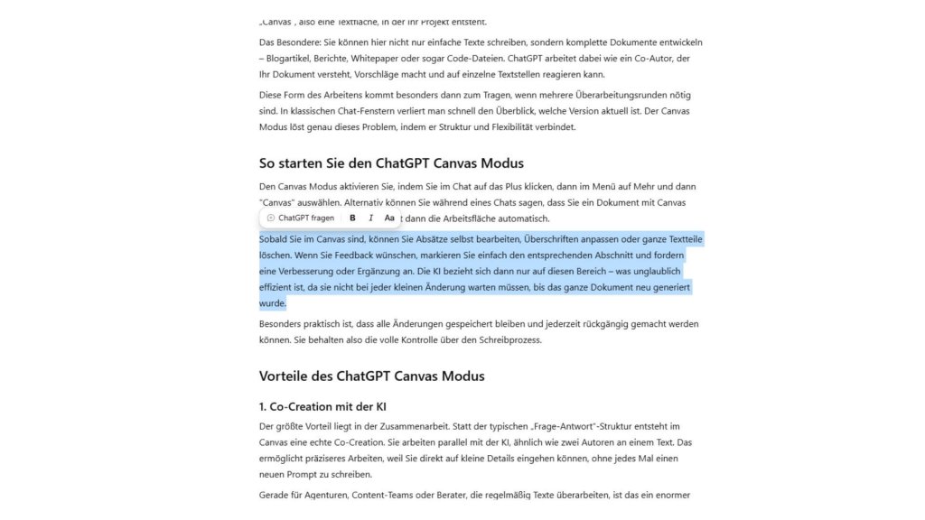 Canvas Modus einzelne Abschnitte bearbeiten